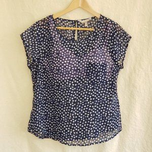 Banana Republic Sheer Navy and White Polka Dot Short Cap Sleeve